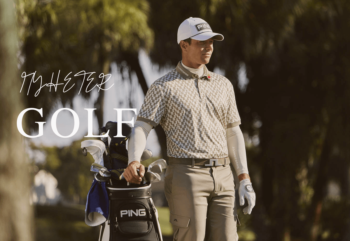 Viktor Hovland i golfklær fra J.Lindeberg med mønstret poloskjorte